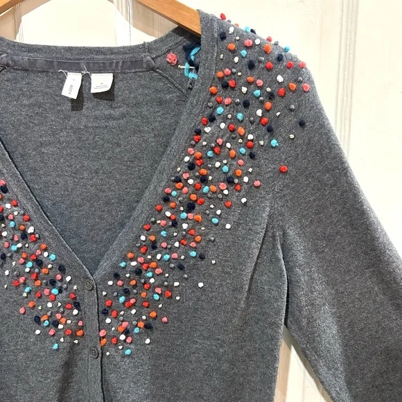 Anthropologie MOTH Gray Pom-Pom Cardigan Sweater Cotton Cashmere Blend Size M - Picture 8 of 11